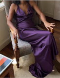 Plataz A-Line V Neckline Grape Satin Long Prom Dresses Formal Evening Dress SD1389 HZ0628