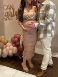 Plataz Khaki Ruched Off Shoulder Belly Friendly Baby Shower Club Party Tube Bodycon Maternity Midi Dress Maternity