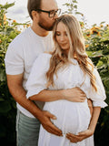 Plataz Solid Color Off Shoulder Backless Ruffle Crop Side Slit 2-in-1 Photoshoot Maternity Maxi Dress Maternity