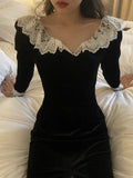 Plataz Splice Lace Vintage Dresses Women's Black Temperament Slim Dress Lady Side Slit Party Elegant Retro Evening Dress HZ1007