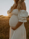 Plataz White Ruffle Ruched High Waist Puff Sleeve Cute Photoshoot Maternity Maxi Dress Maternity