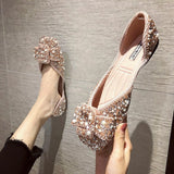 Plataz And Summer 2025 Korean Version Of The Sleek Diamond Ins New Sweet Pearl Comfortable Flat Sole Bean Shoes DJPT