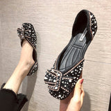 Plataz And Summer 2025 Korean Version Of The Sleek Diamond Ins New Sweet Pearl Comfortable Flat Sole Bean Shoes DJPT