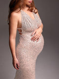 Plataz Rose Gold Glitter Sparkly Backless Slit Tie Back Photoshoot Party Maternity Maxi Dress Maternity