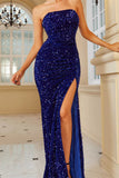 Plataz Solid Sequins Slit Strapless Evening Dress HZ1007