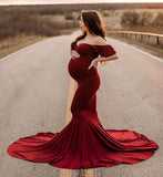 Plataz Women's Silk Cotton Pregnant Women Lotus Leaf Sleeves Cross V-Neck Tail Dress Photo Dress 1932 Maternity