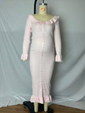 Plataz Pink Knit Falbala Ruffle Hem Single Breasted Flare Sleeve Bodycon Elegant Hoing Out Maternity Babyshower Maxi Sweater Dress Maternity