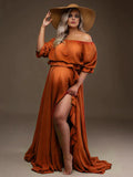 Plataz Solid Color Off Shoulder Backless Ruffle Crop Side Slit 2-in-1 Photoshoot Maternity Maxi Dress Maternity