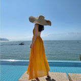 Plataz Holiday Super Fairy Chiffon Dress Showing Thin Yellow Sexy Big Dew Back Sanya Bali Tourist Beach Dress