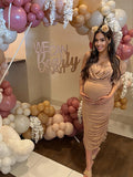 Plataz Khaki Ruched Off Shoulder Belly Friendly Baby Shower Club Party Tube Bodycon Maternity Midi Dress Maternity