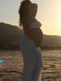 Plataz White Cross Chest Bandeau Backless Lace Crop Front Draped 2-in-1 Lace-up Bodycon Baby Shower Maternity Maxi Dress Maternity