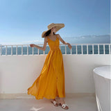 Plataz Holiday Super Fairy Chiffon Dress Showing Thin Yellow Sexy Big Dew Back Sanya Bali Tourist Beach Dress