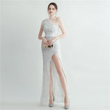 Plataz Industry Ostrich Hair Craft Bundle Hair Evening Dress with Oblique Shoulder HZ1007