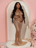 Plataz Sparkly Diamond Rhinestone Mesh Slit Long Sleeve Mermaid Sheer Maternity Photoshoot Elegant Baby Shower Party Maxi Dress Maternity