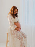Plataz Boho Lace Off Shoulder Lace Tassel Crop 2-in-1 Side Slit Ruffle Photoshoot Maternity Maxi Dress Maternity