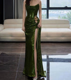 Vintage Dark Green Sheath Sequin Evening Gown Strapless Slit Party Dress Floor Length Formal Dress HZ1024