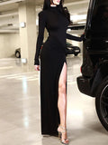 Plataz Long Sleeves Asymmetric Solid Color Split-side High Neck Evening Dresses Maxi HZ1007