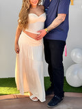 Plataz Ivory White Two Piece Set Off Shoulder Ruffle Falbala Bodycon Elegant Maternity Boho Photoshoot Baby Shower Maxi Dress Maternity