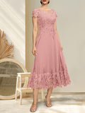 Plataz Illusion Scoop Tea-Length Lace Chiffon Mother of the Bride Dress With HZ1007