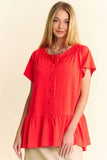 Plataz & Dani Solid Lace Trim Neck Short Sleeve Peplum Top DJPT