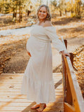 Plataz White Ruffle Ruched High Waist Puff Sleeve Cute Photoshoot Maternity Maxi Dress Maternity