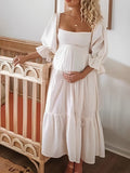 Plataz White Off Shoulder Ruffle Shirred Boat Neck Puff Sleeve Bow Bohemian Ivory Maternity Photoshoot Dress Maternity