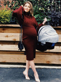 Plataz Solid Color Knitting 2-in-1 Bodycon Baby Shower Maternity Sweater Midi Dress Maternity