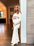 Plataz White Off Shoulder 3D Flowers Backless Bodycon Mermaid Cocktail Party Gowns Bandage Photoshoot Maternity Maxi Dress Maternity