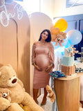 Plataz Mesh Ruched Off Shoulder Lantern Sleeve Square Neck Bodycon Elegant Party Maternity Photoshoot Baby Shower Midi Dress Maternity