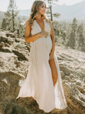 Plataz Solid Color Cut Out V-Neck Side Slit Backless Tassel Halter Neck Vacation Photoshoot Maternity Maxi Dress Maternity
