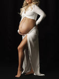 Plataz White 2 Pieces Ruched Drawstring Knot Side Slit Backless V-neck Baby Shower Photoshoot Maternity Maxi Dress Maternity
