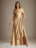Plataz Scoop Floor-Length Stretch Satin Mother of the Bride Dress With Cascading HZ1007