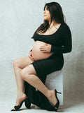 Plataz Black Ruffle Cut Out Crop Side Slit Irregular Bodycon Photoshoot Maternity Maxi Dress Maternity