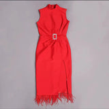 Plataz Belt Bandage Evening Dress Sleeveless Split Feather Party Tight Dress HZ1007