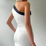 Plataz Bow Skew Collar Sexy Split Maxi Dress Women's Contrast Color Sleeveless Elegant Club Evening Dress Splice Fashion HZ1007