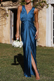 Plataz Formal Solid Fold V Neck Evening Dress HZ1007