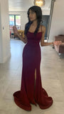 Plataz Sheath Spaghetti Straps Burgundy Slit Long Evening Dress Prom Dresses SD1731 HZ0628