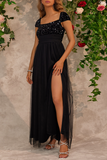Plataz Prom Sequins Slit Mesh Square Neck Evening HZ1007