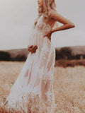 Plataz White Lace Boho Maxi Maternity Photoshoot Dress Specially Designed for Outdoor and Beach Maternity Photography Gowns Maternity