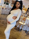 Plataz One Shoulder Cut Out Irregular Bodycon Long Sleeve Fashion Baby Shower Maternity Maxi Dress Maternity