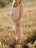 Plataz Mesh Solid Color Beading Pearl Rhinestone Long Sleeve Cover-ups Side Slit Photoshoot Maternity Maxi Dress Maternity