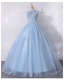 Vintage Sky Blue Applique Beaded A-Line Evening Gown Tulle Collar Party Dress Sleeveless Long Formal Dress HZ1024