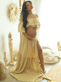 Plataz Boho Solid Color Off Shoulder Backless Linen Cotton Ruffle 2-in-1 Crop Cap Sleeve Side Slit Photoshoot Maternity Maxi Dress Maternity