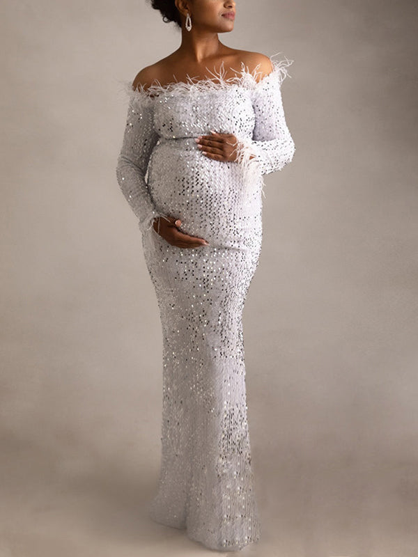 Plataz White Sparkly Sequin Feather Off Shoulder Elegant Evening Gown plataz Plataz White Sparkly Sequin Feather Off Shoulder Elegant Evening Gown plataz