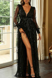 Plataz Formal Print Tassel Sequins High Opening V Neck Evening HZ1007