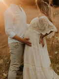 Plataz White Off Shoulder Lace Tiered Boat Neck Flowy Elegant Maternity Photoshoot Dress Maternity