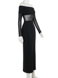 Plataz Sleeves Skinny Pleated See-Through Solid Color Split-Joint Off-The-Shoulder Evening Dresses Maxi HZ1007