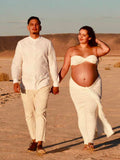 Plataz White Cross Chest Bandeau Backless Lace Crop Front Draped 2-in-1 Lace-up Bodycon Baby Shower Maternity Maxi Dress Maternity