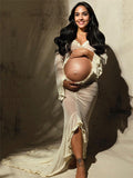 Plataz Ivory Sheer Ruffle Cut Out Crop Slit Falbala Deep V-neck Mermaid Elegant Maternity Photoshoot Maxi Dress Maternity