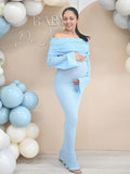 Plataz Blue Knit Ruched Off Shoulder Flare Sleeve Bodycon Elegant Cocktail Party Gown Maternity Photoshoot Baby Shower Maxi Dress Maternity